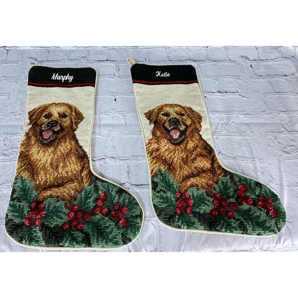 2 VTG Orvis Wool Needlepoint Christmas Stockings Golden Retriever Dog Ivory 17" - Picture 1 of 10